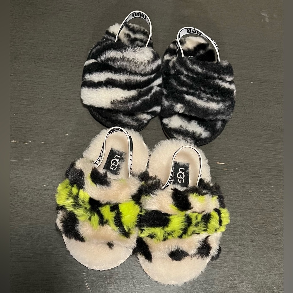 UGG Kids Fuzzy Slippers - Black, Cream, and Green